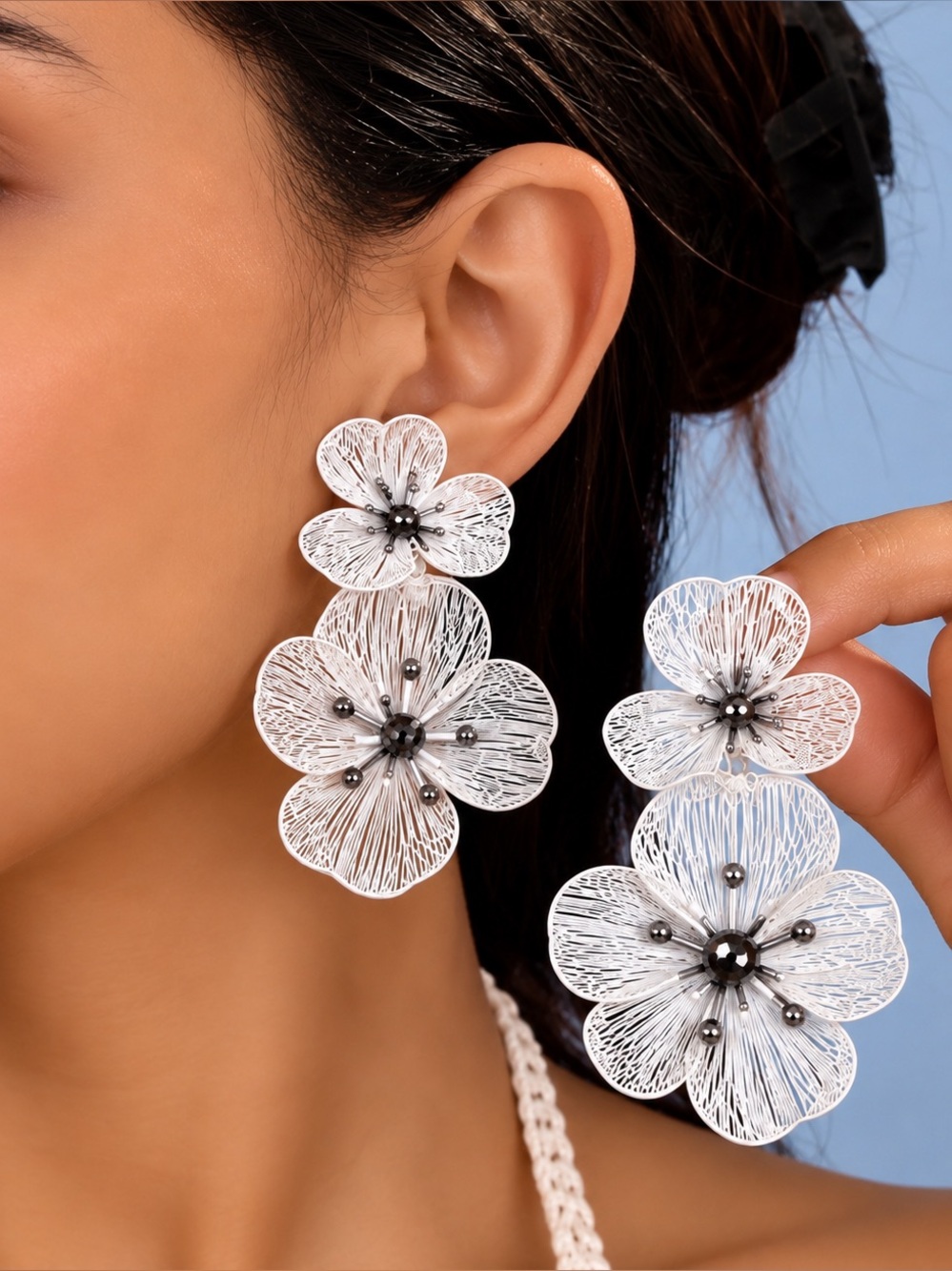 White Floral Double Drop Earrings - Elegant Women Jewelry